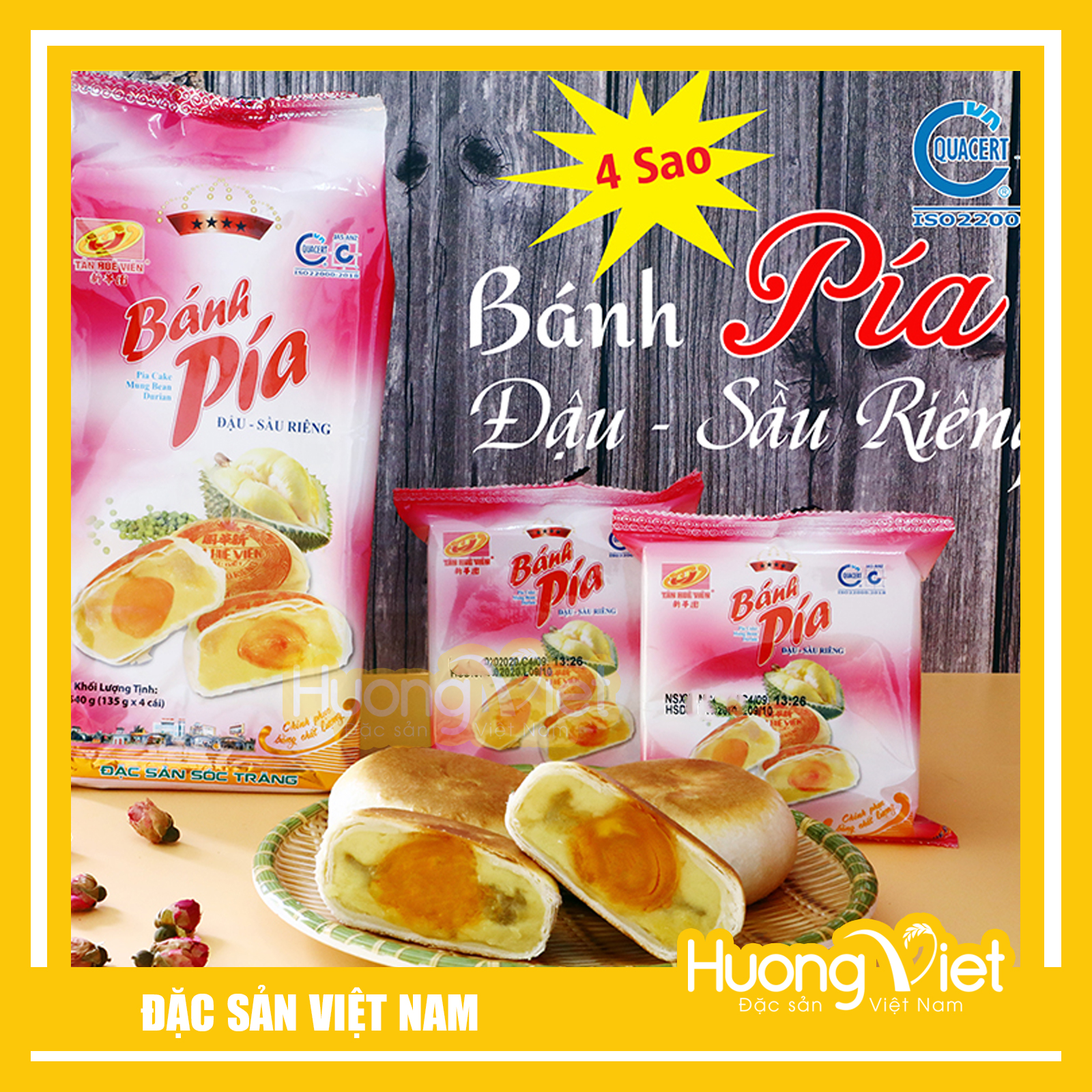 Đặc Sản Sóc Trăng - Bánh Pía Đậu Xanh Sầu Riêng 1 Trứng Tân Huê Viên 540G, Bánh Pía Sóc Trăng Chính Hãng Tân Huê Viên