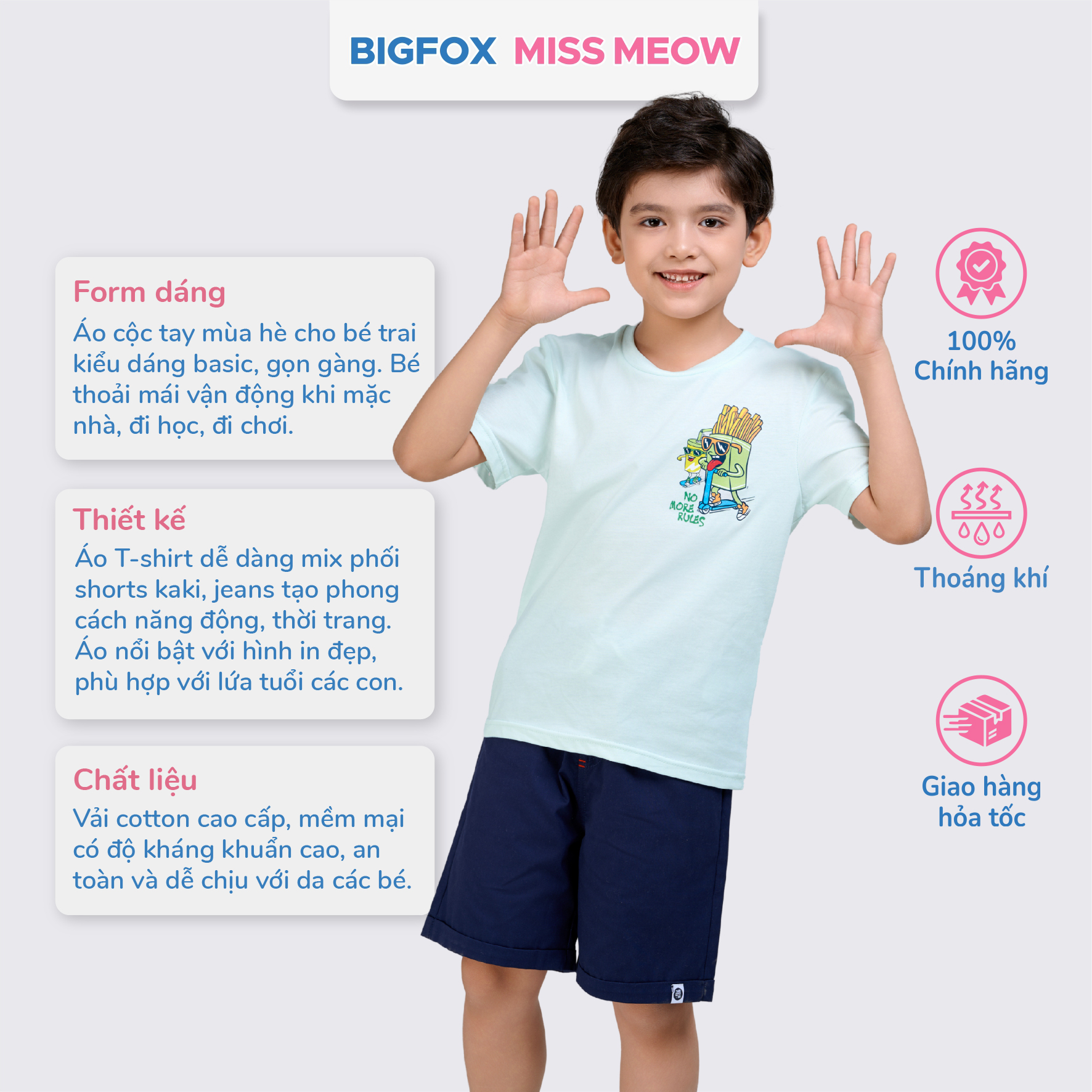 Áo bé trai Bigfox Miss Meow mùa hè chất cotton size đại cộc tay in đẹp cỡ 3,7,9,11 tuổi 30kg 40kg