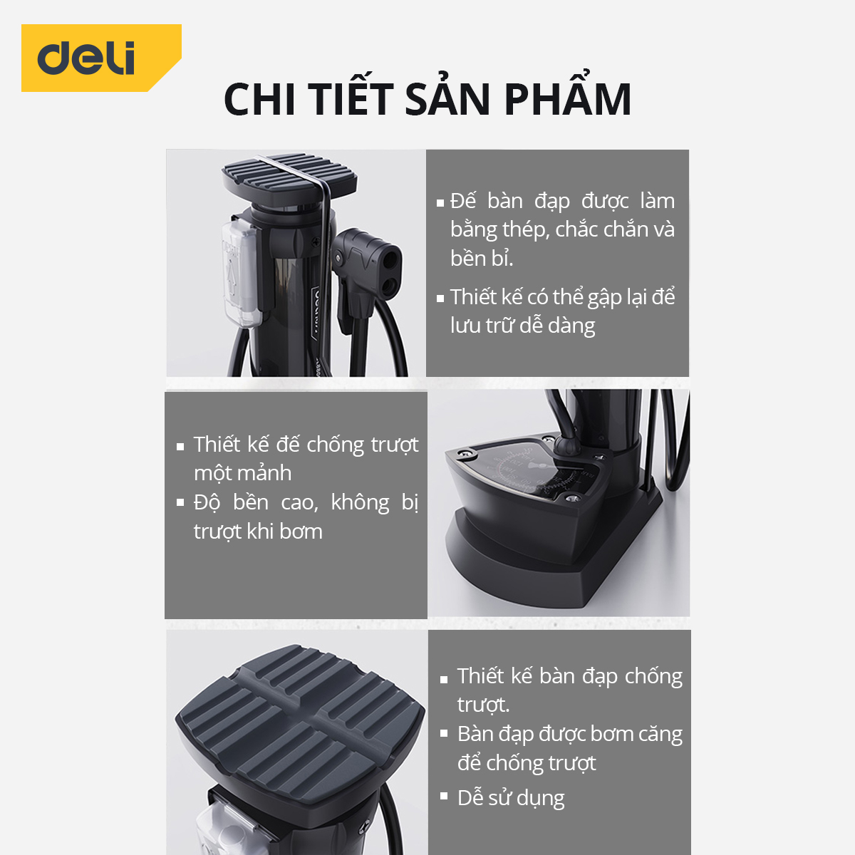 Bơm Xe Đạp Deli Đạp Chân Chính Hãng, Tích Hợp Đồng Hồ Áp Suất, Nhỏ Gọn, Dễ Dàng Mang Theo Tiện Dụng DL880003