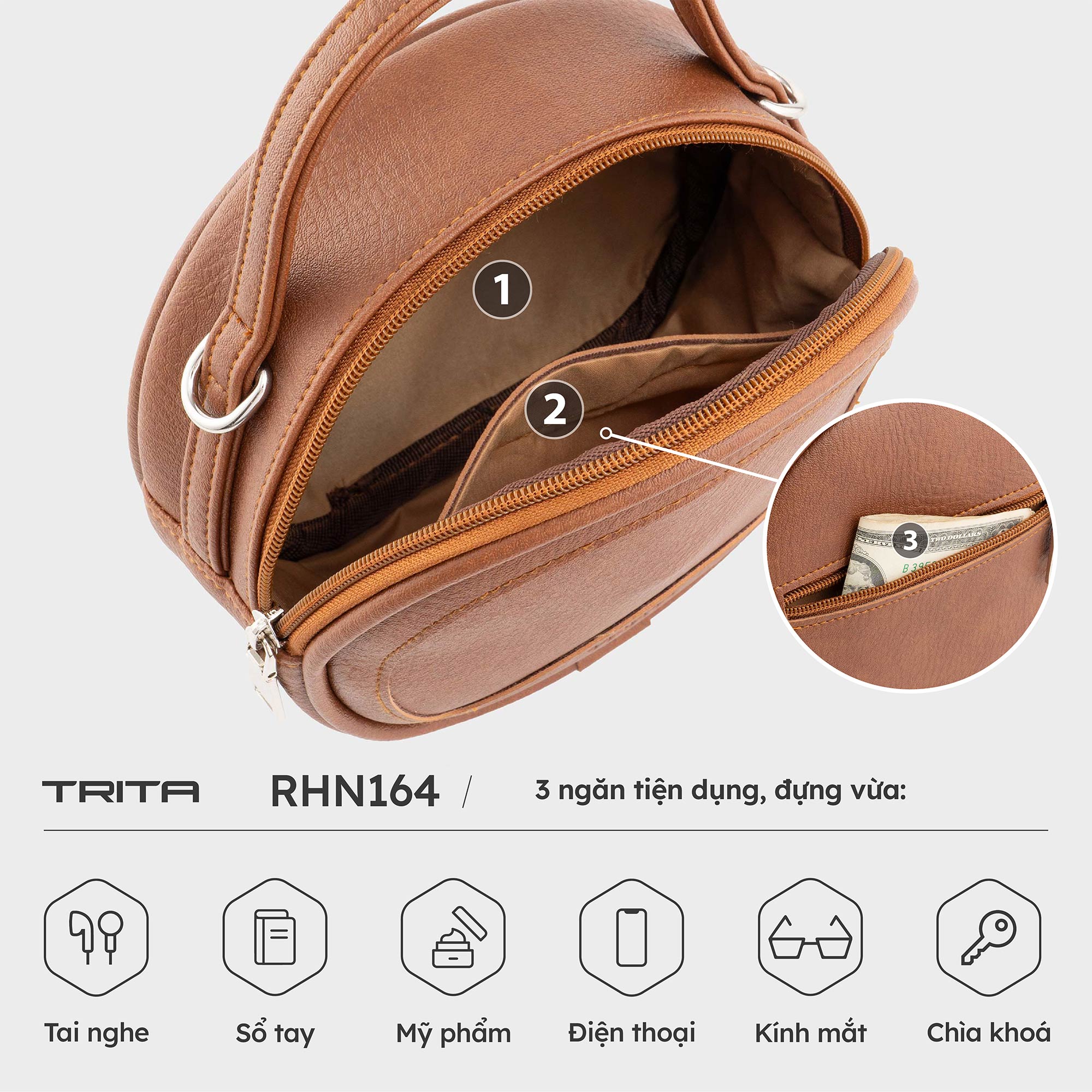 Túi Trita ( Thời trang nữ form tròn viền chỉ - Túi đeo chéo da RHN164 )