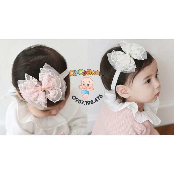 Băng Đô Chất Thun Ren Co Giãn Đính Nơ Ren Thêu Cực Xinh Cho Bé Gái !