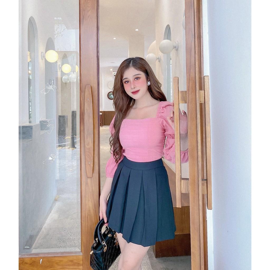 SET ÁO KIỂU XỐP NHÚN CROPTOP CỔ VUÔNG TAY DÀI+CHÂN VÁY XẾP LY-hình thật shop chụp