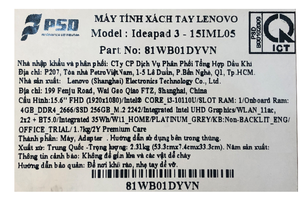 Laptop Lenovo IdeaPad 3 15IML05 i3 10110U/4GB/256GB/Win11 (81WB01DYVN) - Hàng chính hãng