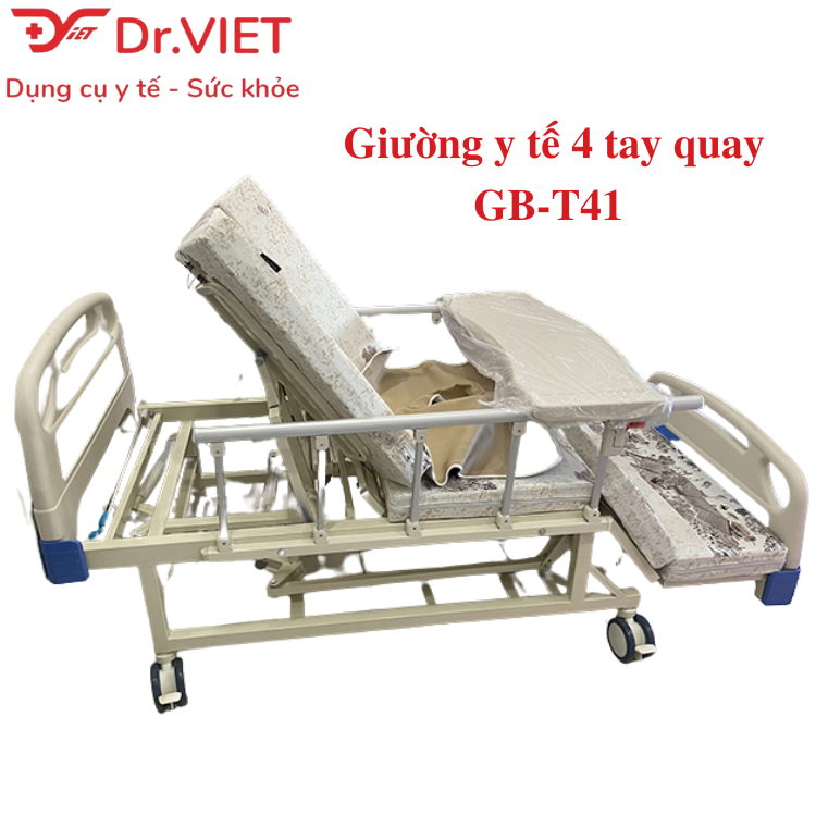 Giường bệnh nhân đa năng 4 tay quay Lucass GB-C41 (GB-T41) Chính hãng - Nâng chân, nghiêng lưng, nâng đầu, có bô vệ sinh, chậu gội đầu