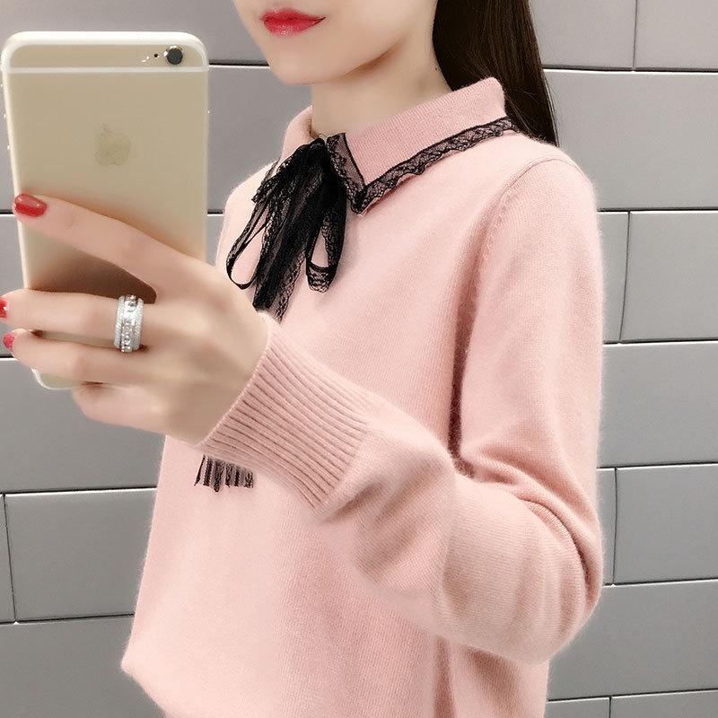 MS367 Áo len nữ cổ bẻ nơ ren thanh lịch