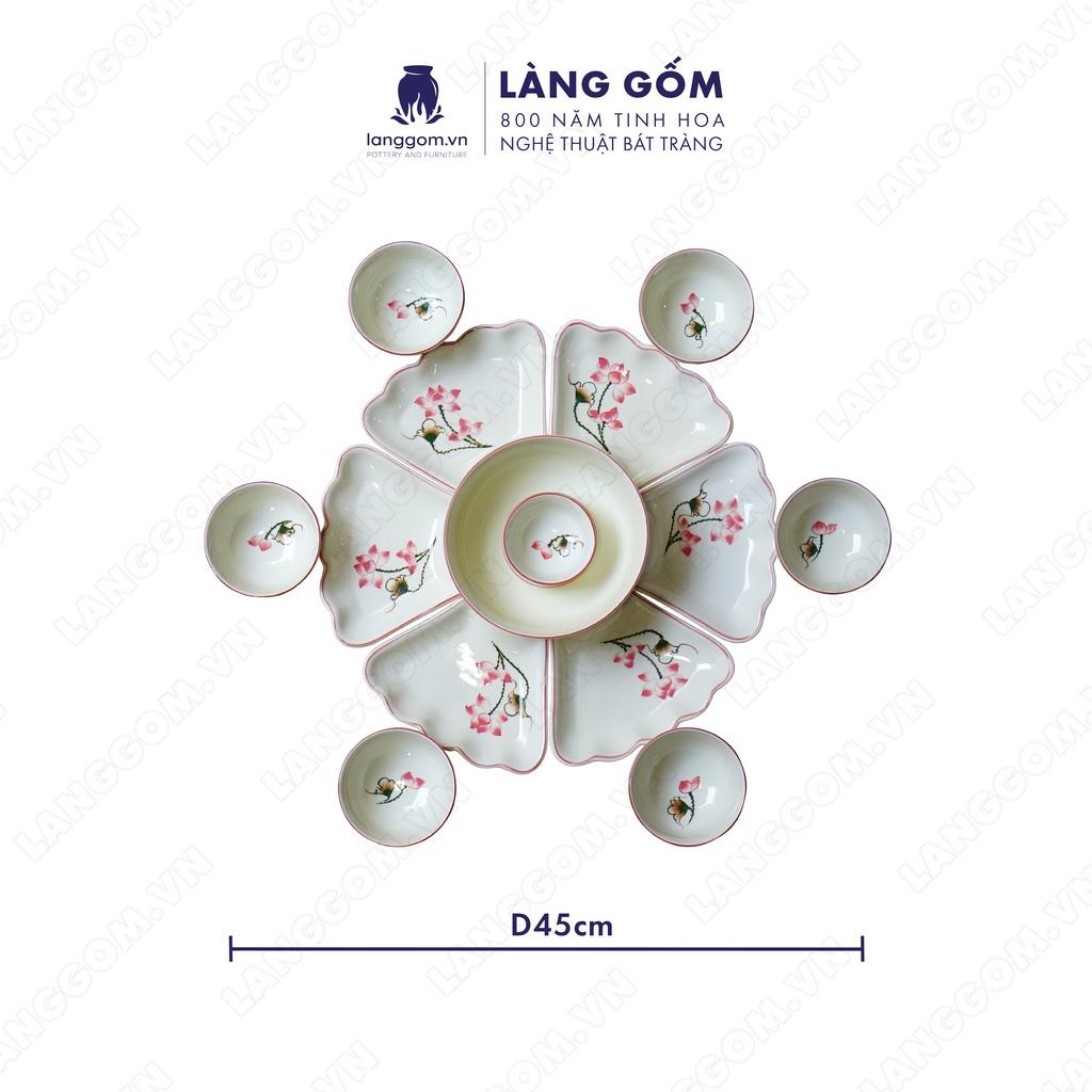Bộ bàn ăn mặt trời Men trắng vẽ hoa sen hồng - Size: 45 cm - Gốm sứ Bát Tràng - langgom.vn