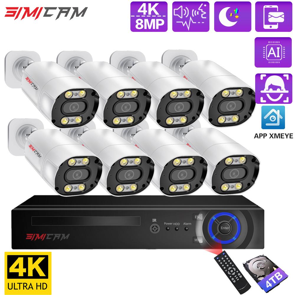 Hệ thống camera an ninh Simicam 4K H.265 8CH NVR POE AI với phát hiện khuôn mặt 8MP Super Color Full Vision Audio 2 chiều