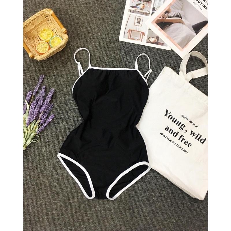 Bikini basic liền mảnh cổ yếm kín đáo màu đen viền trắng