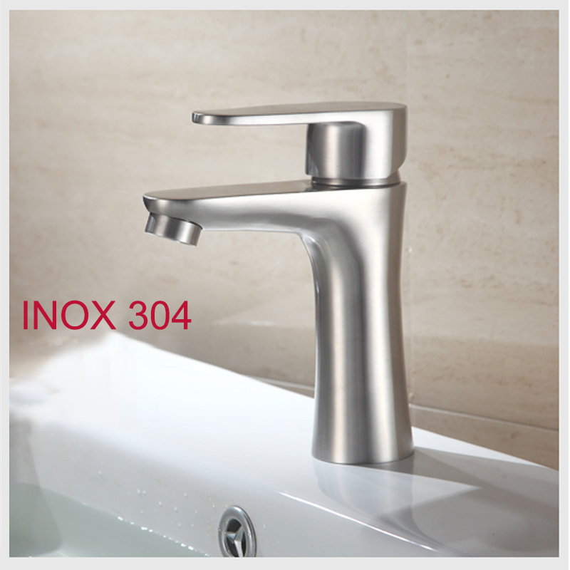 Vòi nước nóng lạnh cho chậu rửa mặt VRNL-I304B1, loại cho chậu 1 lỗ, làm bằng Inox 304 kèm dây nối mềm