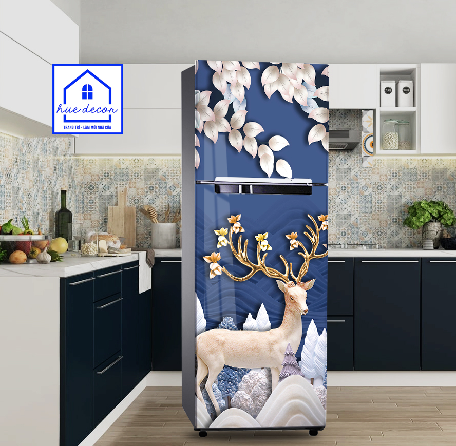 Decal Dán Tủ Lạnh 3D Hươu Tài Lộc Xanh Bề Mặt Tráng Bóng Namilate Chống Nước, Nấm Mốc Tuyệt Đối,Phù Hợp Với Mọi Không Gian