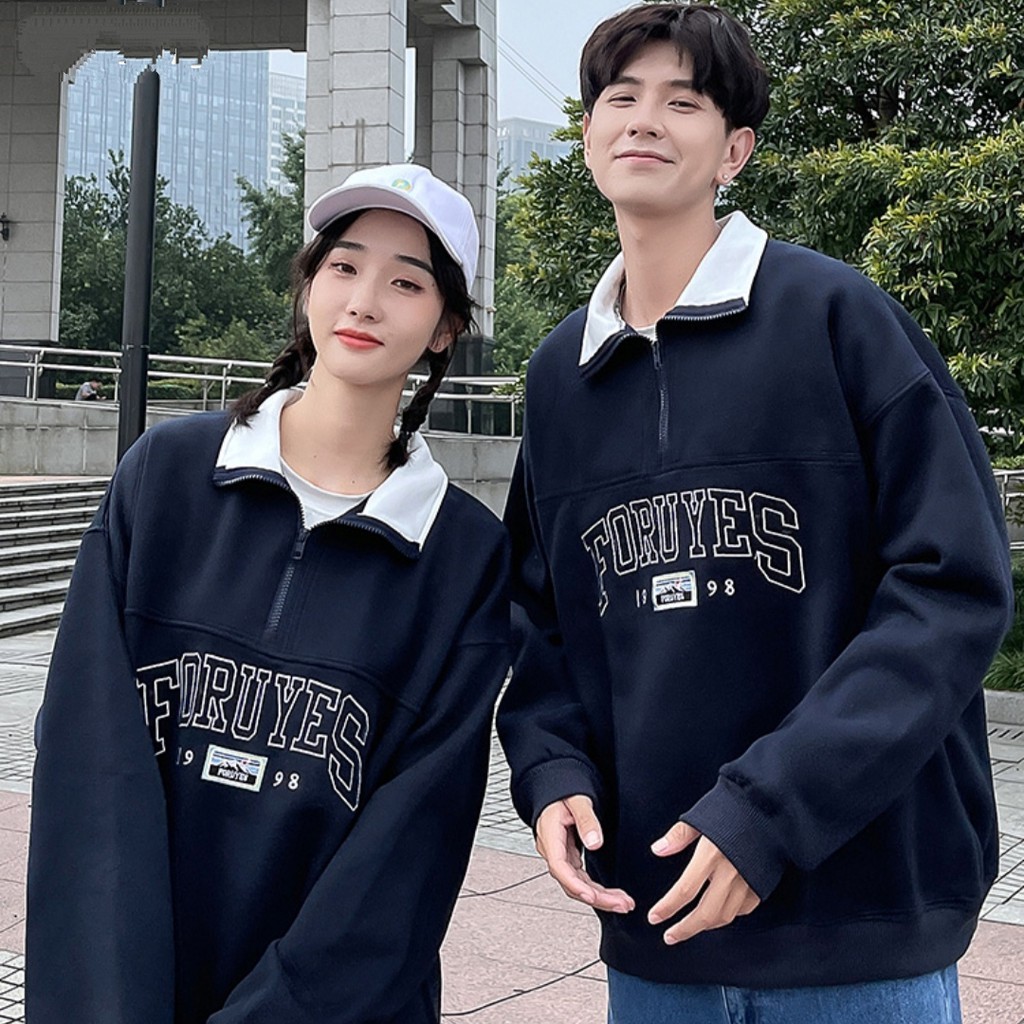 Áo Nỉ Nam Nữ Cổ Polo Trắng Nổi Bật, Áo Hoodies Cổ khoá Bẻ V 1998 Thời Trang