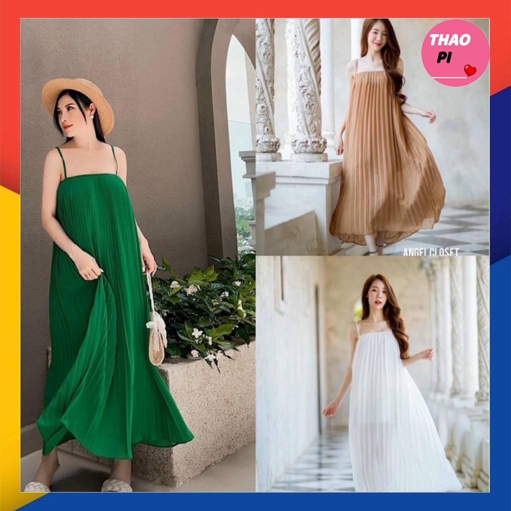 Đầm maxi dập ly hai dây cổ vuông siêu đẹp hình thật