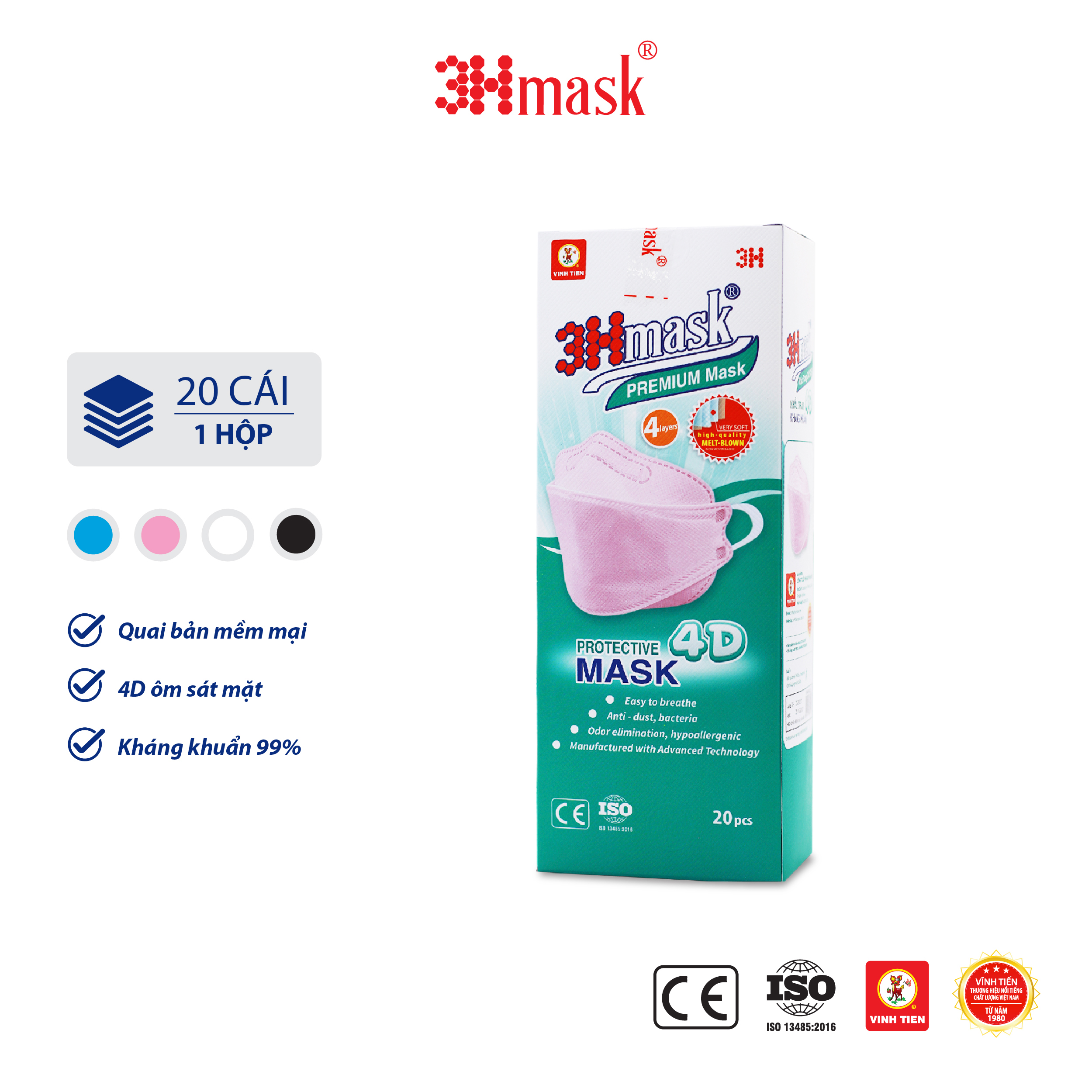 Khẩu Trang 3Hmask 4D Quai Bản Hồng (20 cái) - Kháng Khuẩn Cao Cấp ôm khít mặt, không đau tai, không lem son