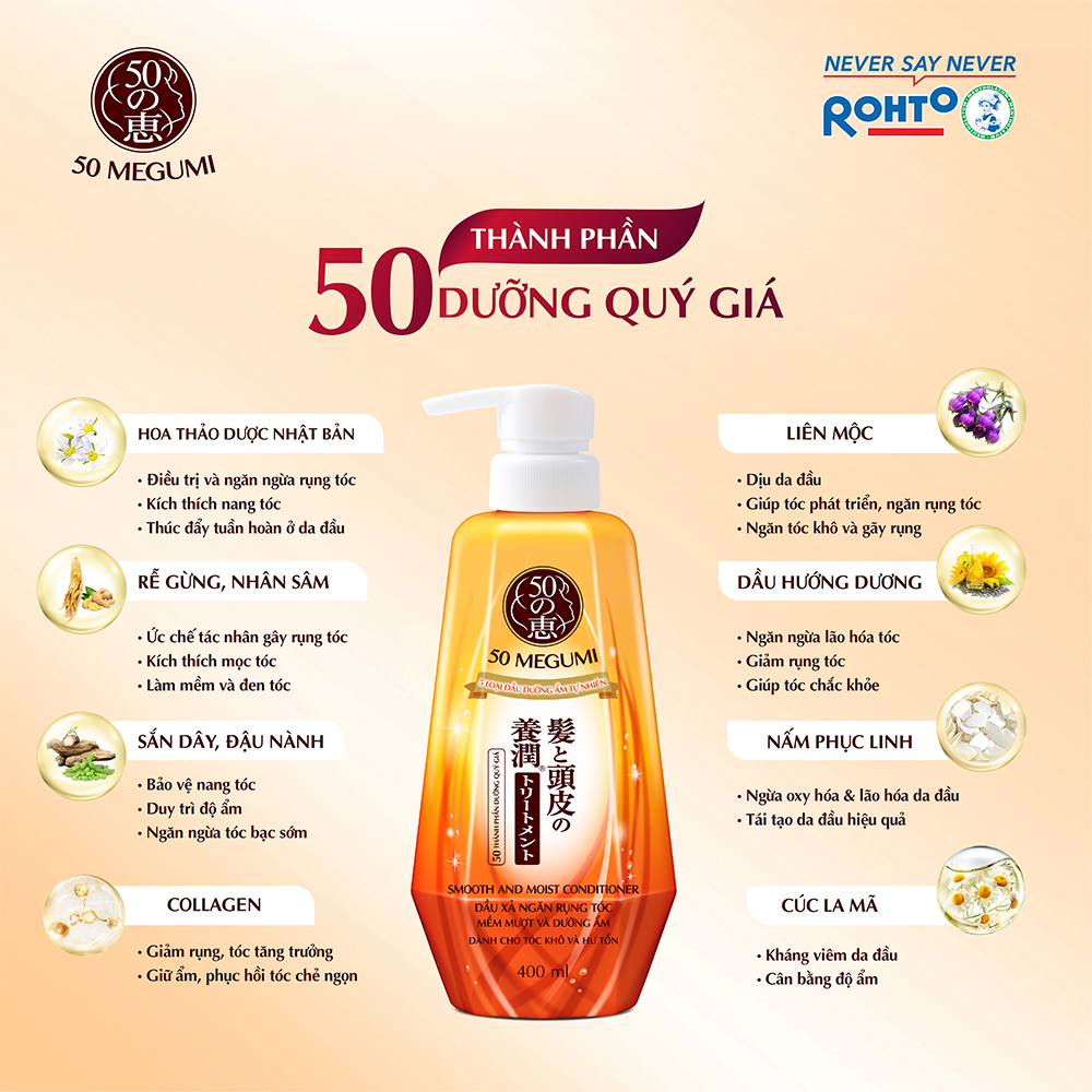 Dầu Xả Mềm Mượt Và Dưỡng Ẩm 50 Megumi Smooth And Moist Conditioner 400ml