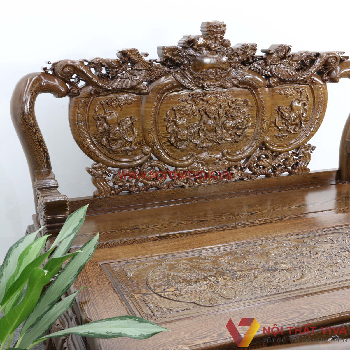 Bộ Bàn Ghế Salon Gỗ Mun Tay 10 Chạm Nghê 6 Món Cao Cấp Sang Trọng