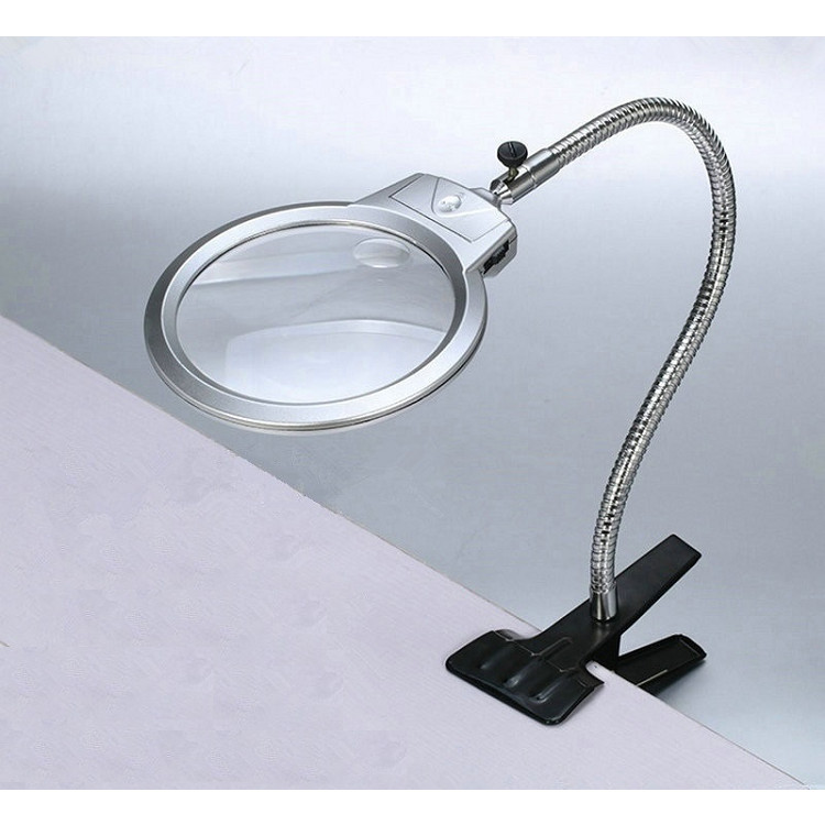 Kính lúp kẹp bàn C3 độ phóng đại 2.5X – 5X, có đèn soi mẫu vật (Tặng 2 nút kẹp cao su giữ dây điện -Màu ngẫu nhiên)