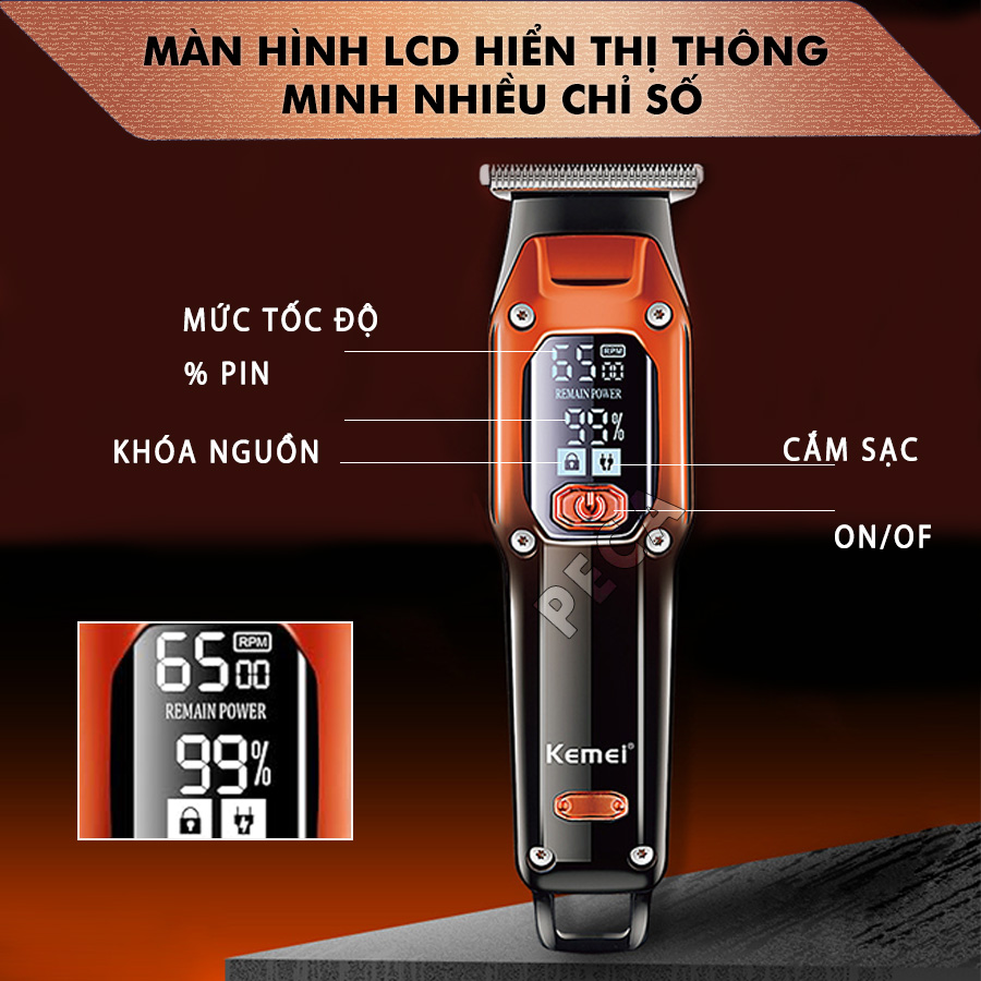 Tông đơ chấn viền Kemei KM-658 điều chỉnh 2 mức tốc độ có màn hình LCD có thể bấm viền, khắc tóc, cạo đầu - Hàng chính hãng