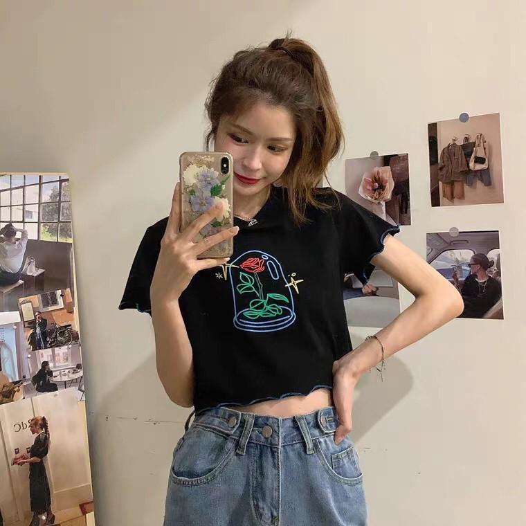 Áo croptop nữ, ngắn tay, mặc đi chơi, thời trang đẹp, viền biên hoa và thỏ cực xinh ( kèm ảnh thật