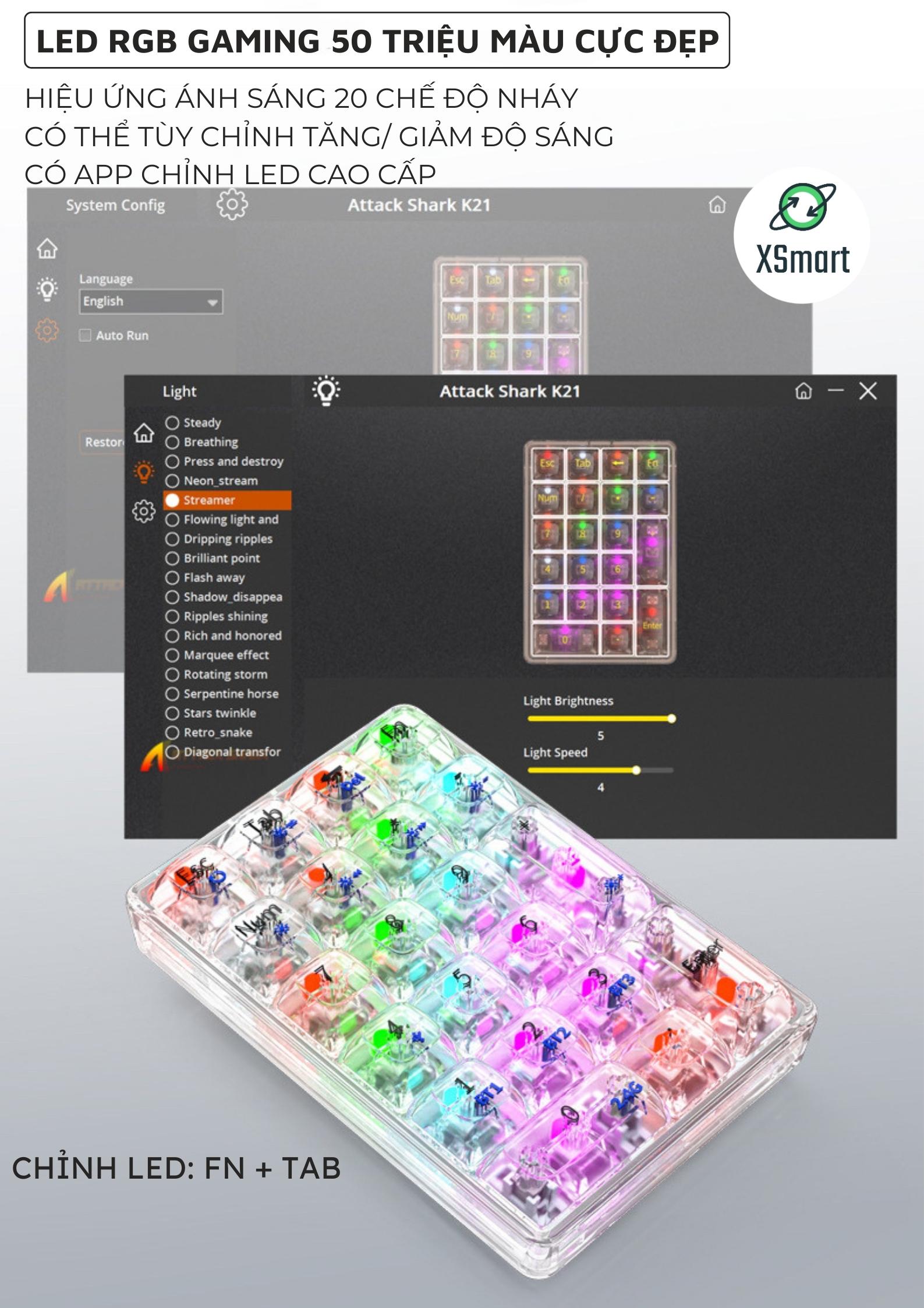 Bàn Phím Số Không Dây Bluetooth 5.0 Attack Shark K21 Phím Cơ LED RGB Hotswap 5 Pin Cho Kế Toán Game Thủ-Hàng Chính Hãng