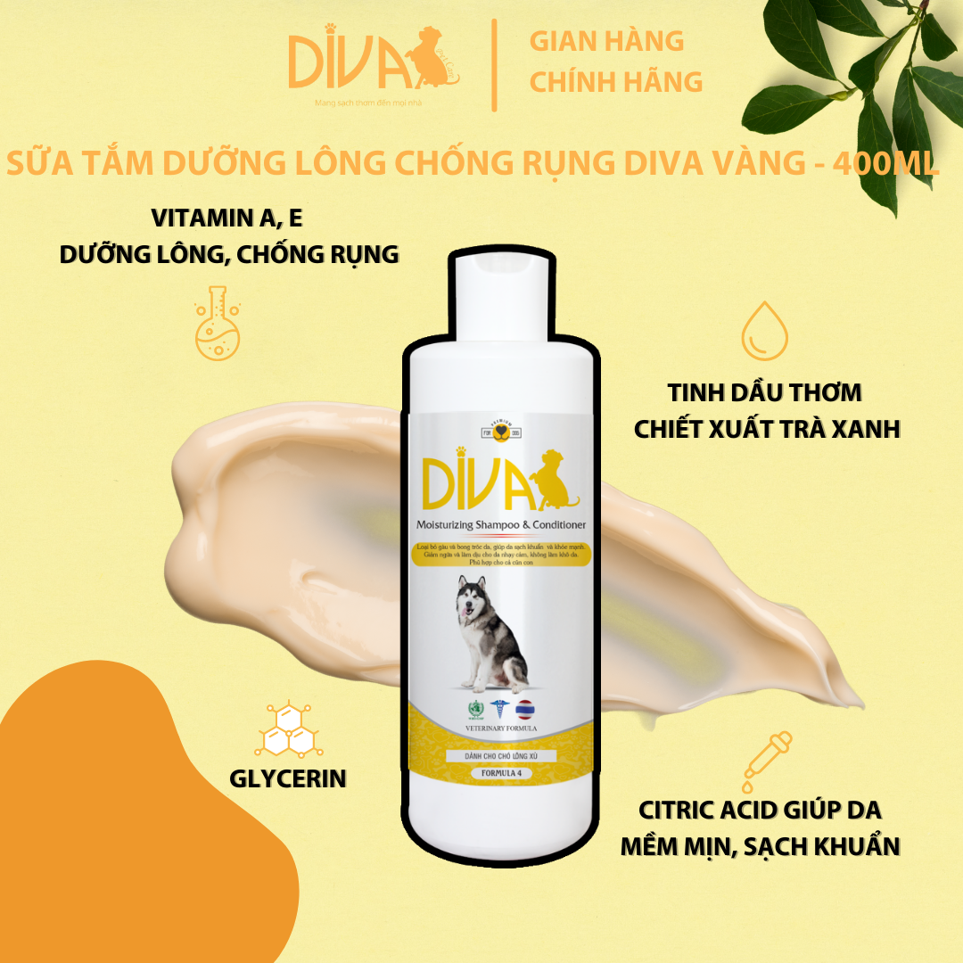 Sữa tắm dưỡng ẩm cho chó lông xù - DIVA 4 (Màu Vàng - 400ml)