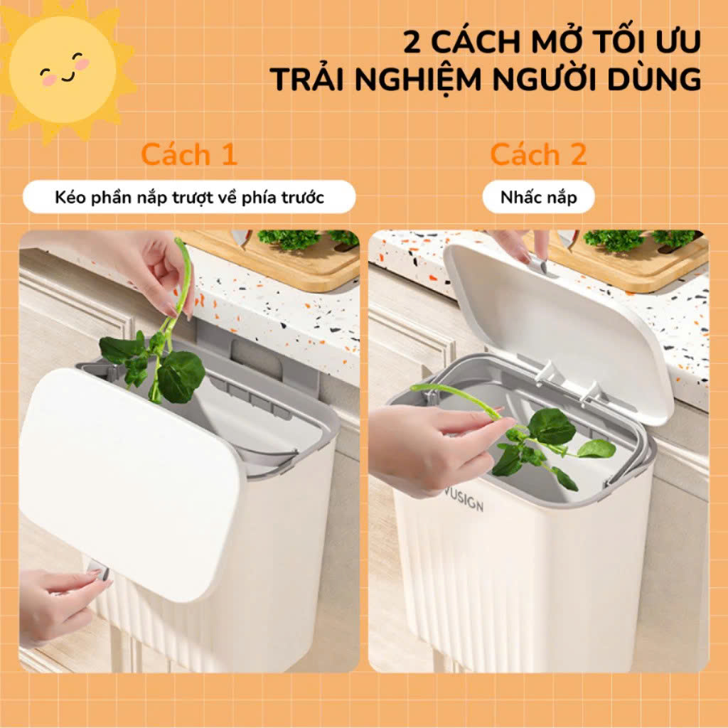 Thùng rác treo tủ bếp có nắp đậy thông minh, thùng rác treo tường dán tường, có thanh trượt cửa bếp
