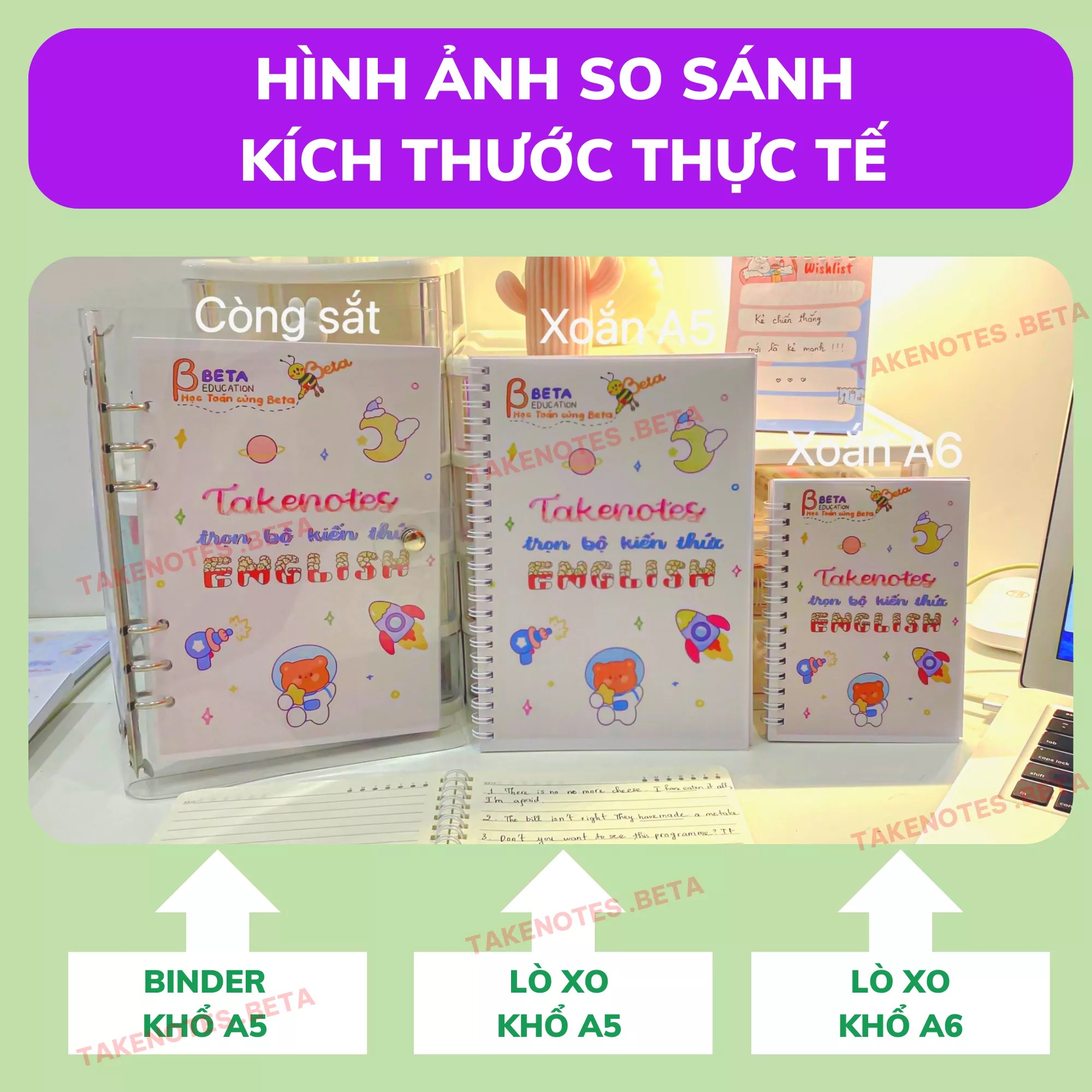 Sổ Takenote Văn 9 tổng hợp công thức trang trí sticker dễ hiểu- 2 loại sổ lò xo bìa trong Beta, sổ còng đóng Binder