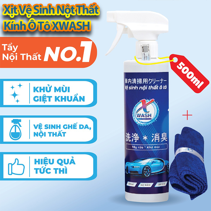 [Kèm Khăn Lau] Chai Xịt Vệ Sinh Kính Và Nội Thất Ô Tô XWASH 500ml, Làm Sạch Khử Mùi Kính, Sofa Nội Thất Xe Hơi