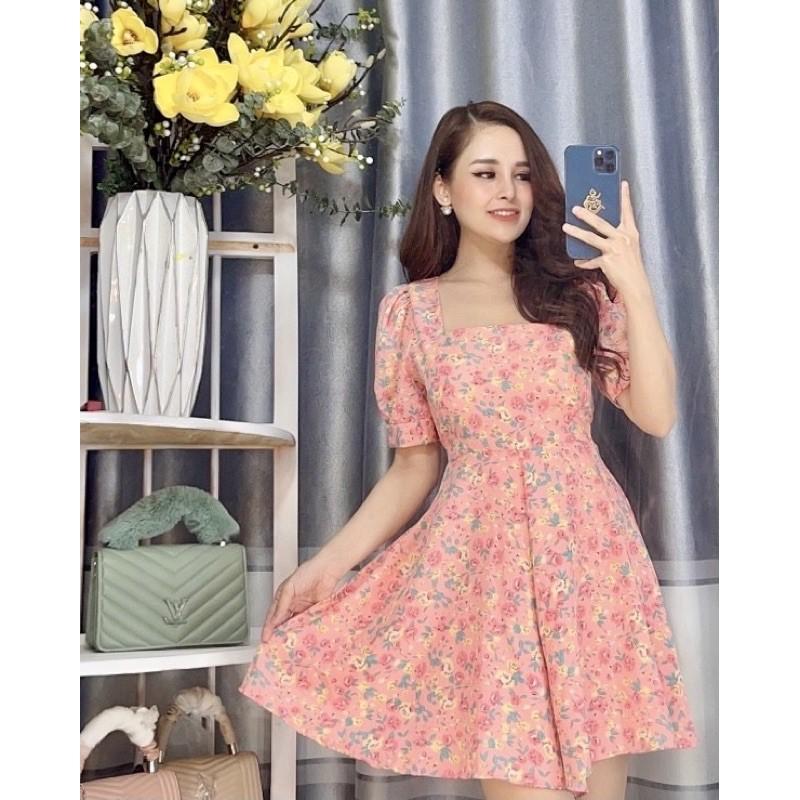 Váy Xòe Nữ Đầm Xòe Họa Tiết Hoa Ngắn Tay Cổ Vuông Sang Chảnh