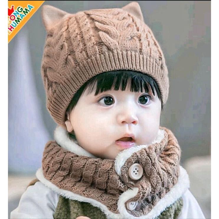 Mũ Len Nâu Lót Bông Kèm Khăn Cổ