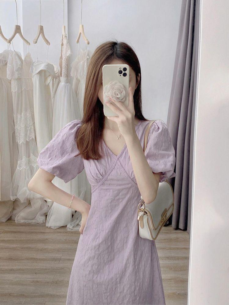 DONGSHOP Váy dài cổ chữ V màu trắng dịu dàng kiểu Pháp, váy dài cổ chữ V màu tím, con cái Hạ Độc đáo, thắt lưng, tay áo bong bóng, váy liền áo.