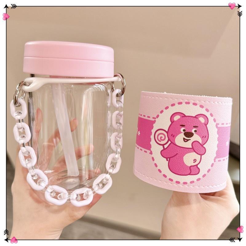 Bán Chạy Nhất Cốc Thủy Tinh Dễ Dàng Mang Theo Gấu Dâu Tây / Có Nắp Và Một Bao Da Cách Nhiệt / Với Dây Xích / Với Ống Hút