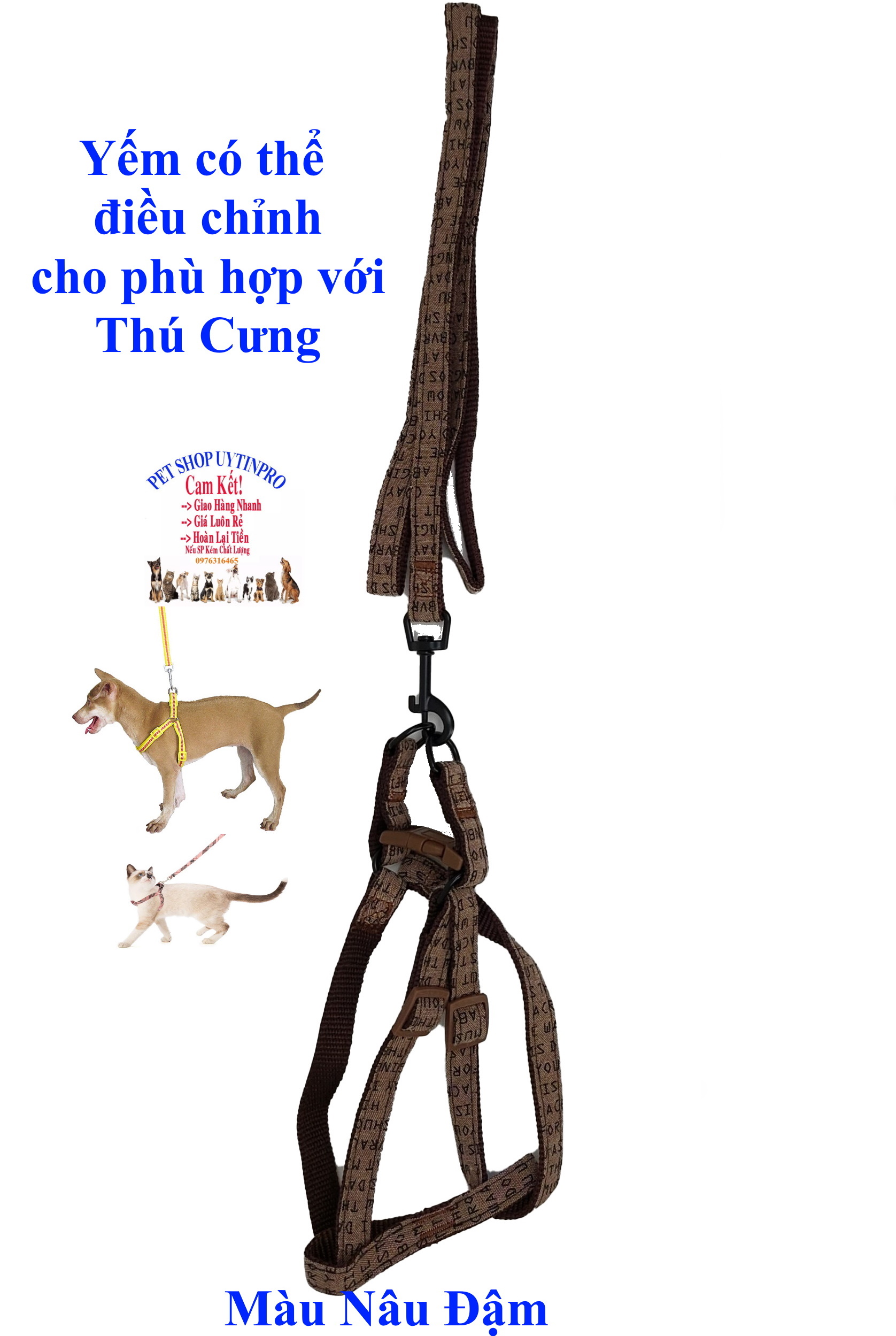 Dây dắt kèm yếm cho Chó Mèo Từ 5kg đến 10kg Bản rộng 1.5cm In CHỮ CÁI Chất liệu dù Bền, Chắc chắn, Yếm có thể điều chỉnh