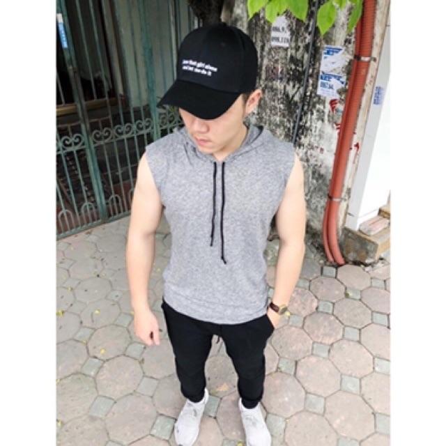 Áo thun tanktop ba lỗ có nón chuẩn gym trơn