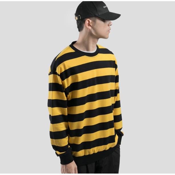 Áo sweater kẻ đen vàng lót lông - ẢNH THẬT