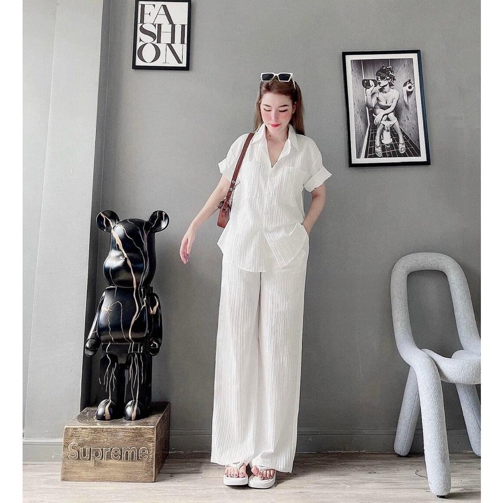 Bộ Áo Sơ Mi Cộc Tay Quần Culottes Nữ Vải Xốp Gân