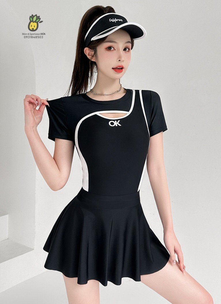 Đồ Bơi Liền Quần Tay Ngắn Phối Trắng Đen Cao Cấp