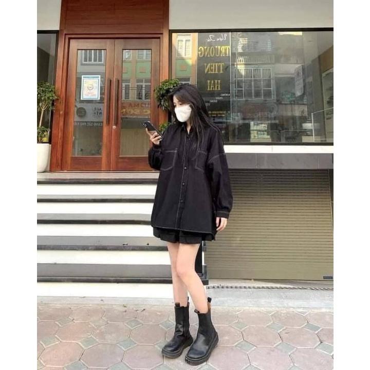 Áo Sơ Mi, Sơ Mi Nữ Fom Thụng OVersz, Chỉ Nổi Đen Trắng