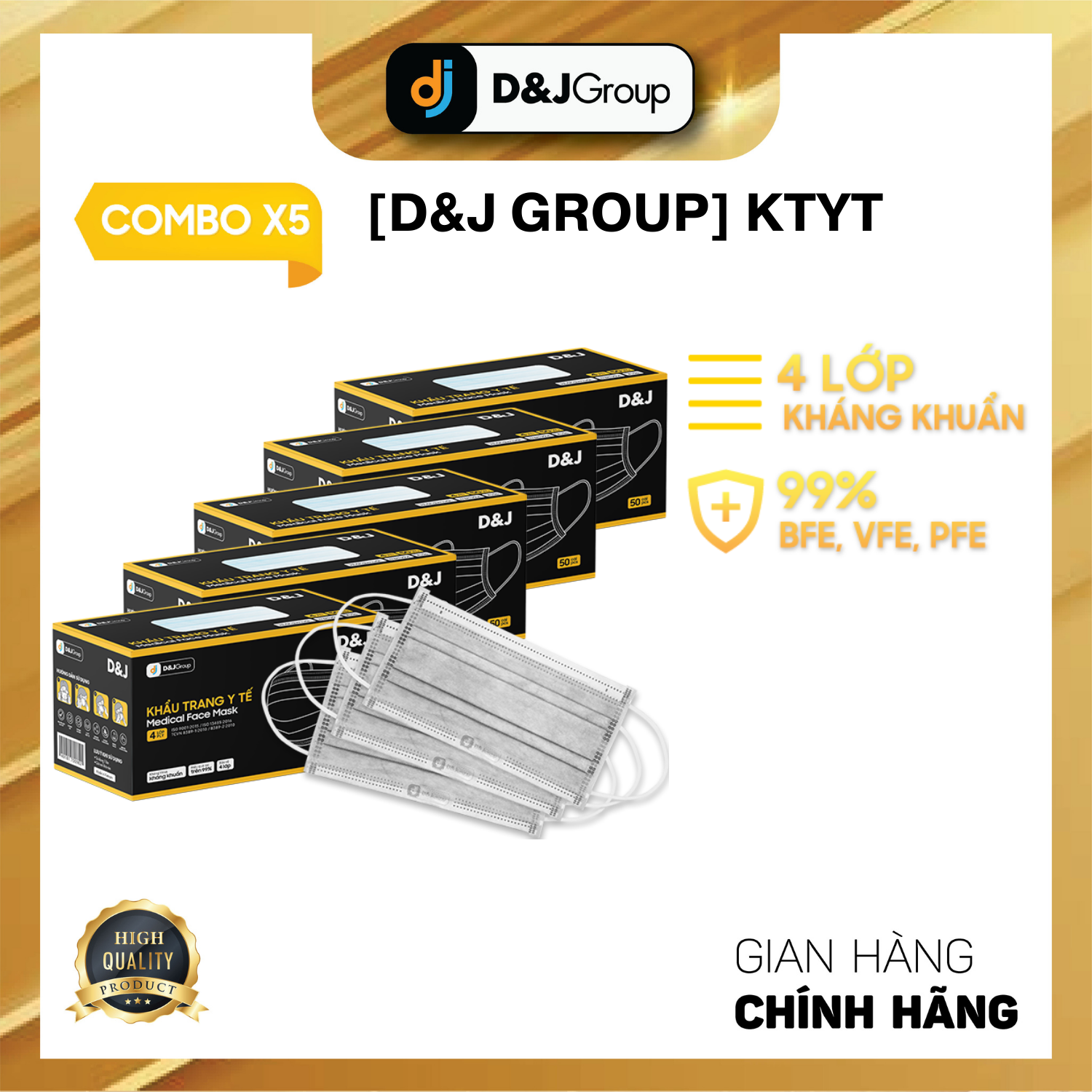 [COMBO 5 HỘP - KTYT 4 LỚP D&amp;J] Khẩu trang y tế 4 lớp cao cấp, kháng khuẩn (50 cái/ hộp)