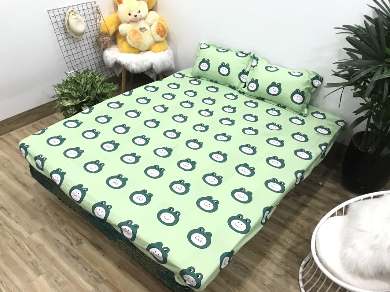 Set Ga Gối 3 Món Cotton Poly Hình Ếch Xanh ( gồm 1 ga chun và 2 vỏ gối nằm)