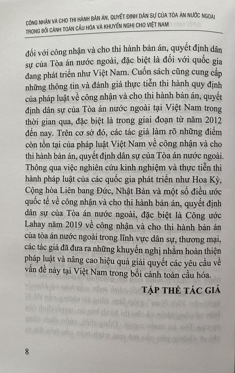 Công nhận và cho thi hành bản án, quyết định dân sự của Tòa án nước ngoài trong bối cảnh toàn cầu hóa và khuyến nghị cho Việt Nam
