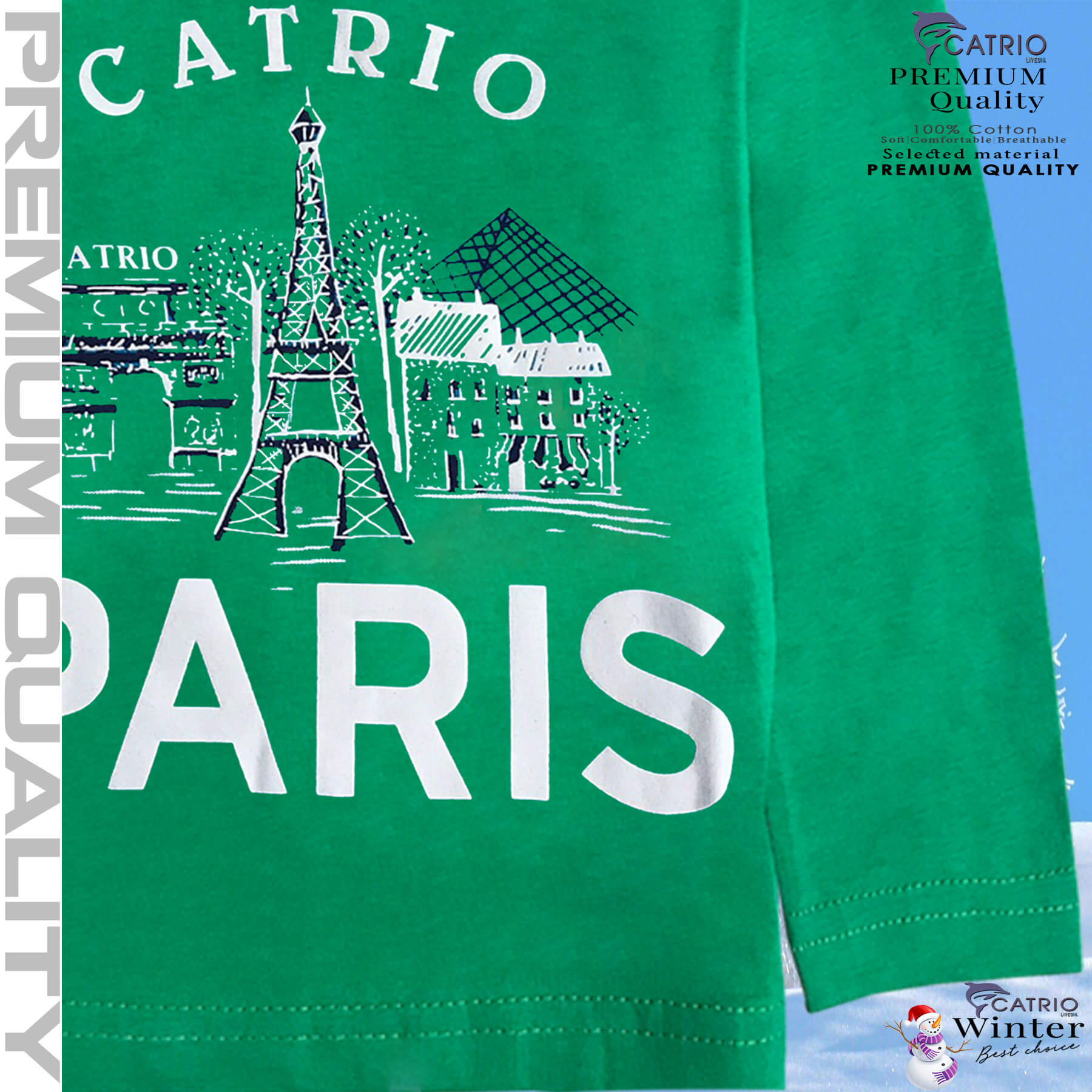 ÁO THUN DÀI TAY BÉ TRAI CATRIO in PARIS màu XANH LÁ là áo phông tay dài trẻ em từ 8kg 10kg 12 kg .. 30kg (8 tuổi) cổ tròn vải dệt kim co giãn 4 chiều + quần dài cotton thành bộ đồ thu đông cho bé rất đẹp