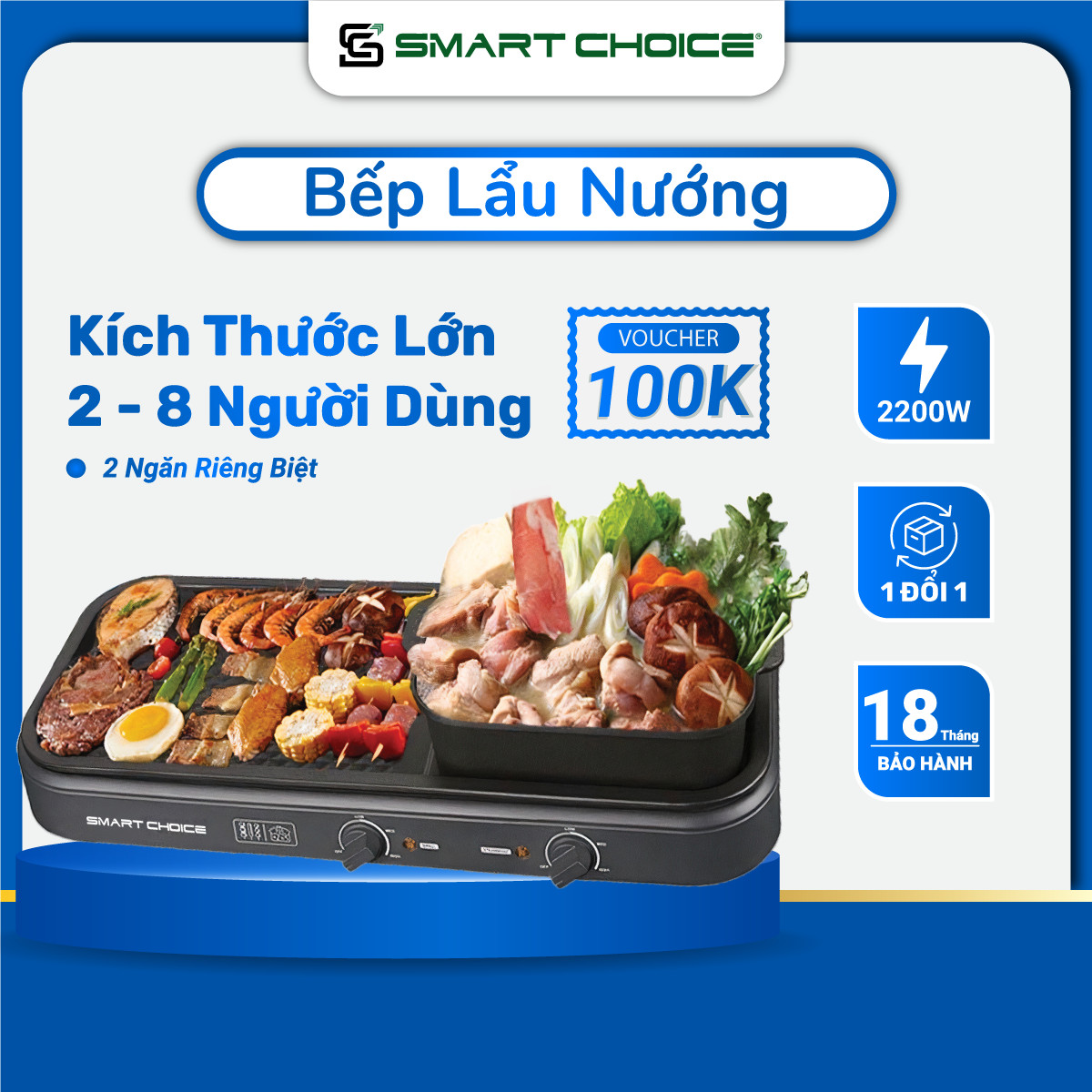 Bếp Lẩu Nướng Điện SMARTCHOICE SCG-LN001 ( dài ) + SCG-LND002 ( tròn ) 2in1 Đa Năng Chống Dính Tốt BH 18 Tháng