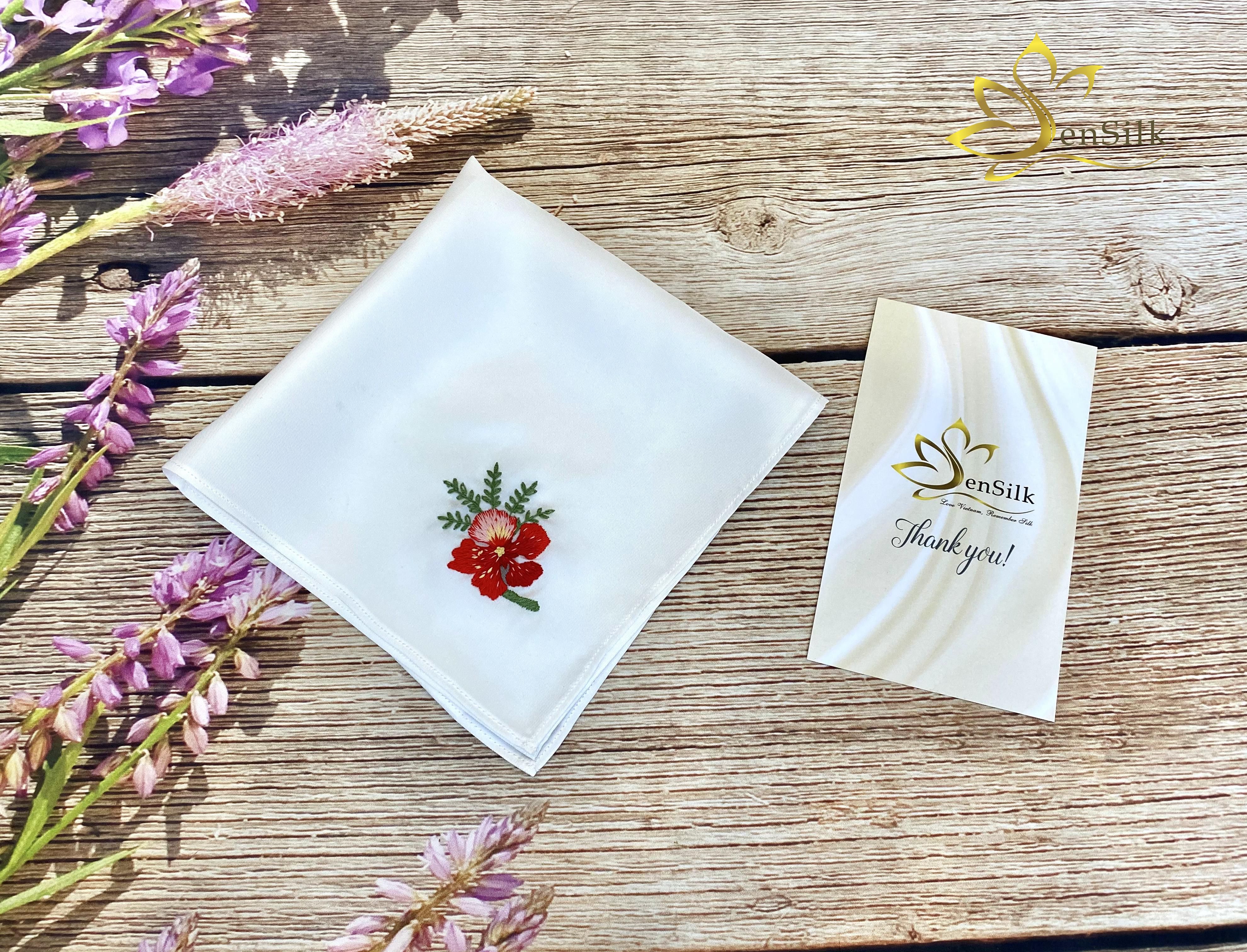 Khăn Tay Lụa Thêu SenSilk Hoa Phượng Vĩ – Quà Tặng Tuổi Học Trò, Embroidered Handkerchief Silk