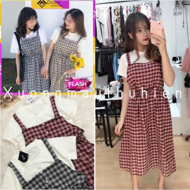 Váy yếm kẻ caro 2 dây có dây buộc eo / Váy yếm caro babydoll bánh bèo tiểu thư siêu xinh