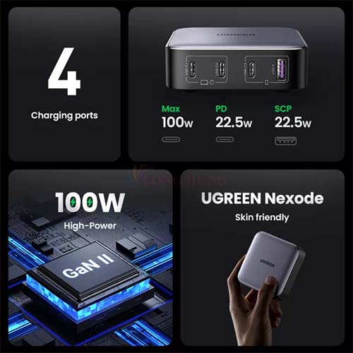 Sạc đa cổng Ugreen Desktop Fast Charger 1USB 3Type-C 100W QC 4+ PD 3.0 CD226 - Hàng chính hãng