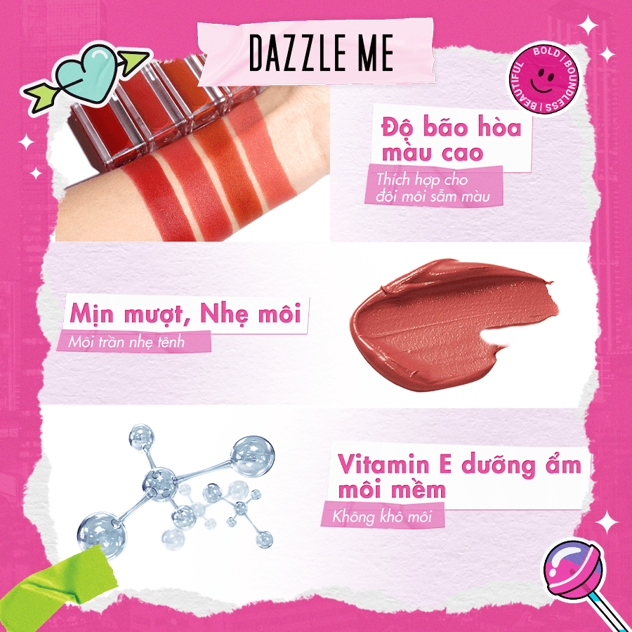 DAZZLE ME Son Kem Lì Siêu Mịn Kháng Nước Lâu Trôi Và Không Làm Khô Môi Mousse Lip Cream 4.5g