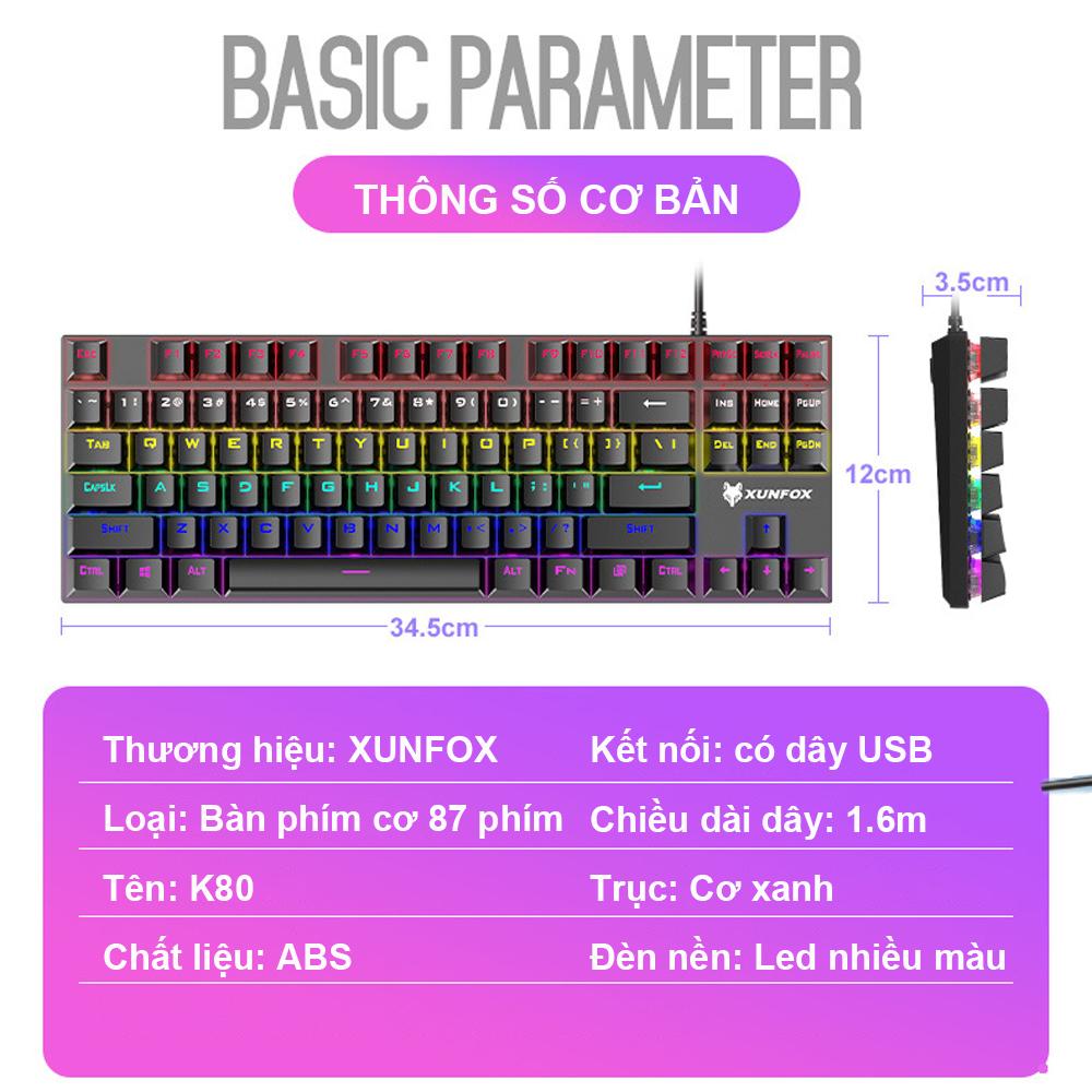 Bàn Phím Cơ Gaming K80 Full Led TKL 87 Chơi Game Cực Đã Bàn Phím Máy Tính Văn Phòng LED RGB Siêu Đẹp