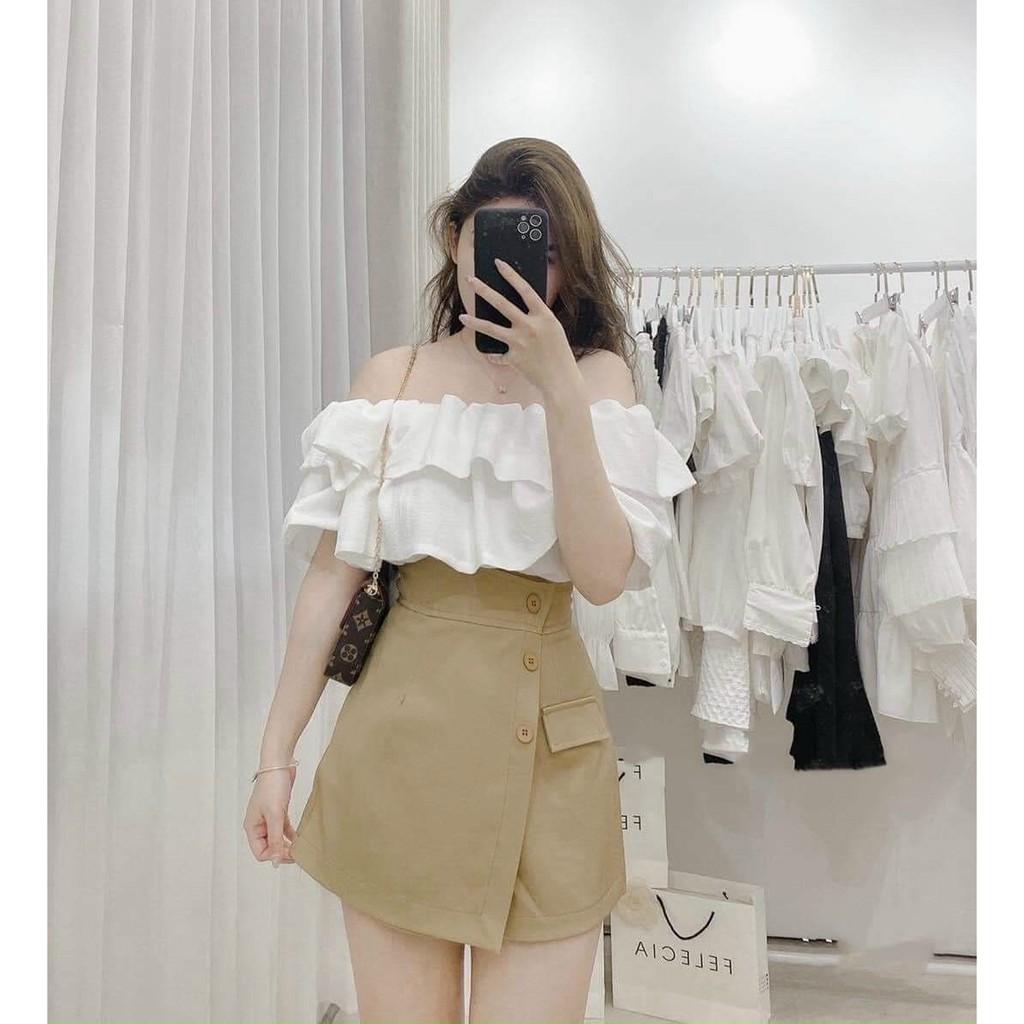 Set bộ giả váy thời trang nữ áo bèo hai dây trễ vai kèm quần dáng xòe phối nút
