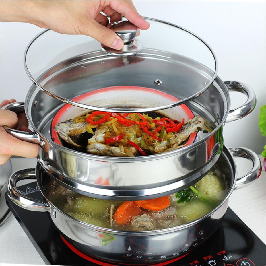 Bộ nồi và xửng hấp inox 28cm 2 trong 1 có nắp kính tiện lợi cao cấp