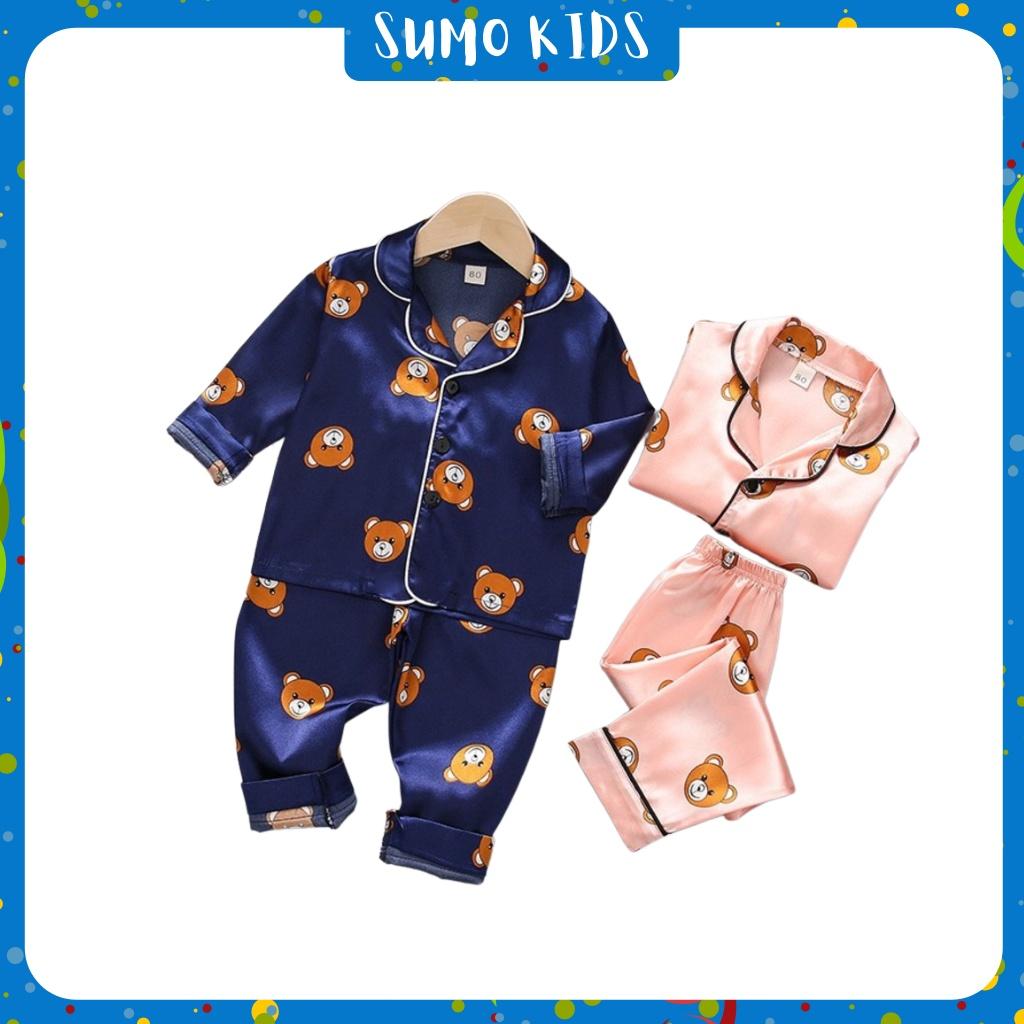 Bộ Pijama Dài Tay In Hình Gấu Chất Lụa Satin Cao Cấp, Đồ Ngủ Lụa Cho Bé Từ 7-28Kg - SUMOKIDS